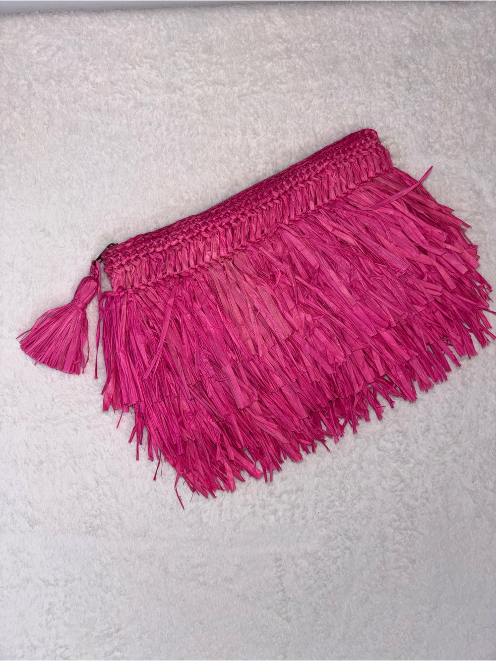 Pink Shaggy Raffia Fringe Clutch bag Lisi Lerch resort maximalist sophisticated - Picture 6 of 10